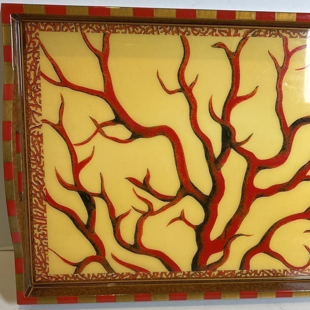 Annie Modica Signed Lobster Coral Stripe Decoupage Style Handle Tray Artisan - Picture 6 of 16